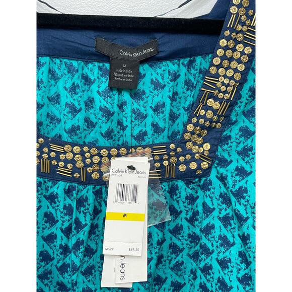 New Calvin Klein Flutter Kaftan Short Sleeve Blouse Geo Loose Embellished Bold M - Picture 2 of 10